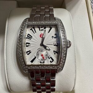 Michele Mini Urban Silver and White Women's Watch with Diamond Bezel.